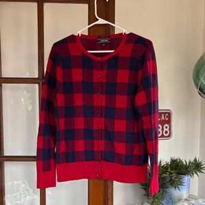 Lands End Red and Blue Plaid Cardigan